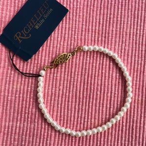 New White Satin Faux Pearl Bracelet Gold Tone Clasp by Richelieu 
